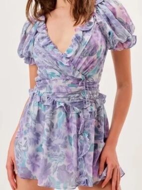 For Love & Lemons Shelly Mini Dress in Lilac Floral - Size S